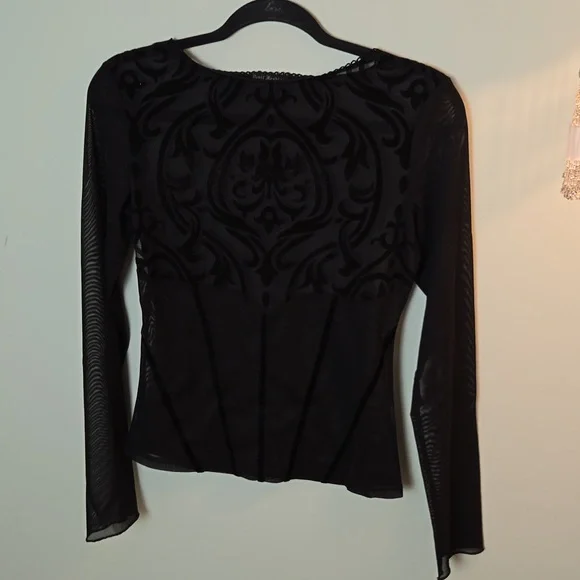 Devil Fashion Gothic Damask black sheer & velvet long sleeve top - Picture 3 of 12
